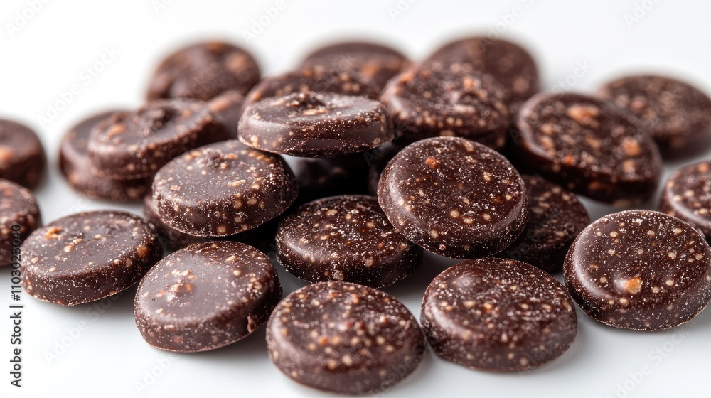 Poster chocolate candies arranged on a clean white background highlighting their rich texture and unique sh
