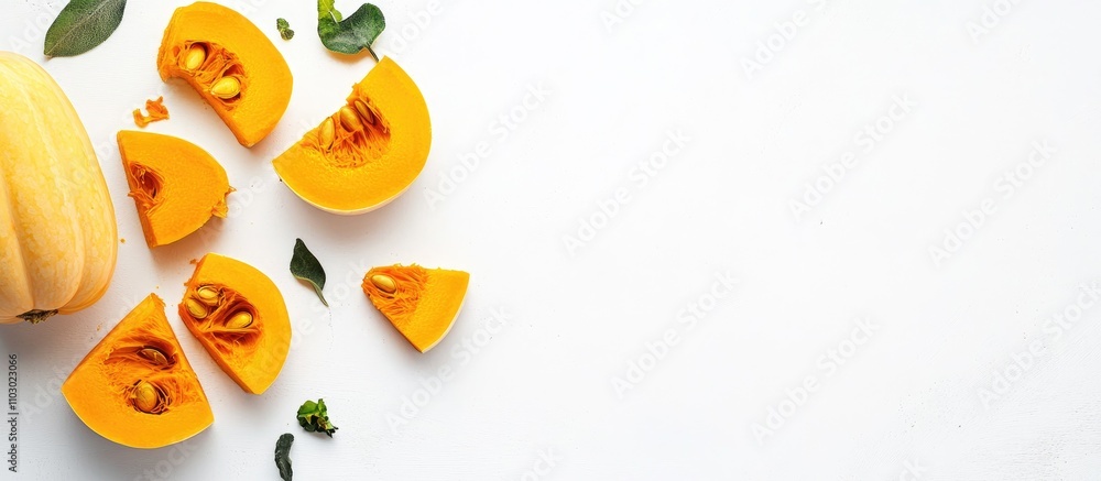 Poster Butternut squash with fresh slices and seeds arranged on a minimalist white background for culinary and food-related themes
