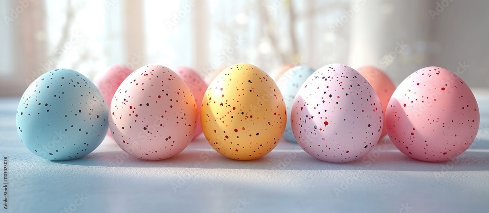 Poster colorful speckled easter eggs arranged in a row on a soft blue surface with a bright white backgroun