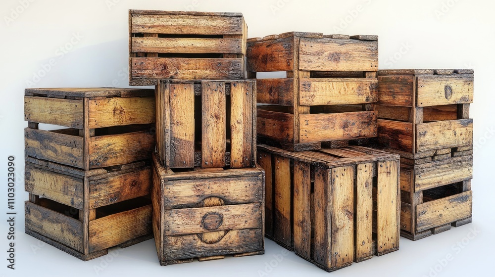 Aufkleber Wooden crates stacked in a rustic arrangement showcasing texture and design against a minimalist white background.