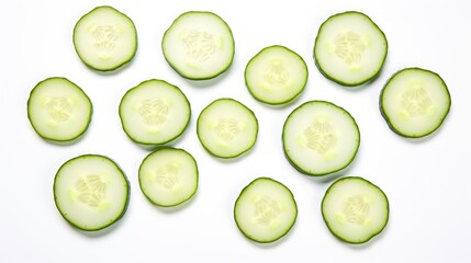 Sliced cucumber rounds arranged on a clean white background showcasing fresh vegetables for culinary or health-related themes