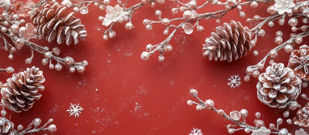 Poster festive red backdrop with snowflakes and frosted cones for christmas and new year greeting card show