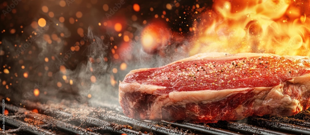 Aufkleber grilled entrecote steak sizzling on a hot grill with smoke and bokeh background creating a vibrant c