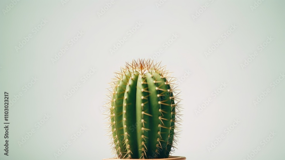 Poster cactus in a pot featuring selective focus against a minimalistic white background for a fresh and mo