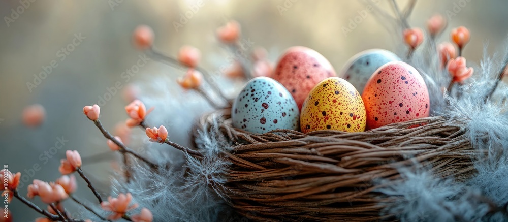 Poster easter decoration with colorful speckled eggs and feathers in a wicker basket surrounded by floral a