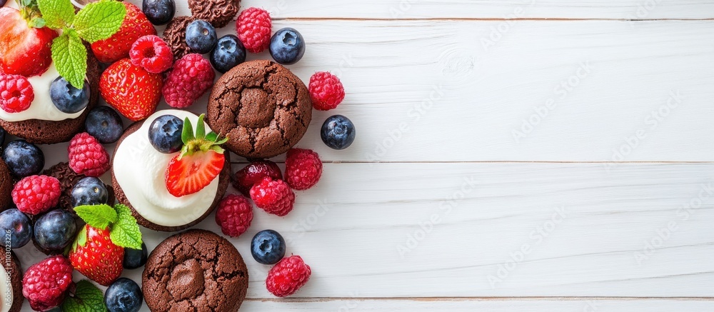Poster delicious assortment of dark chocolate cake cookies and cupcakes topped with fresh berries on a rust