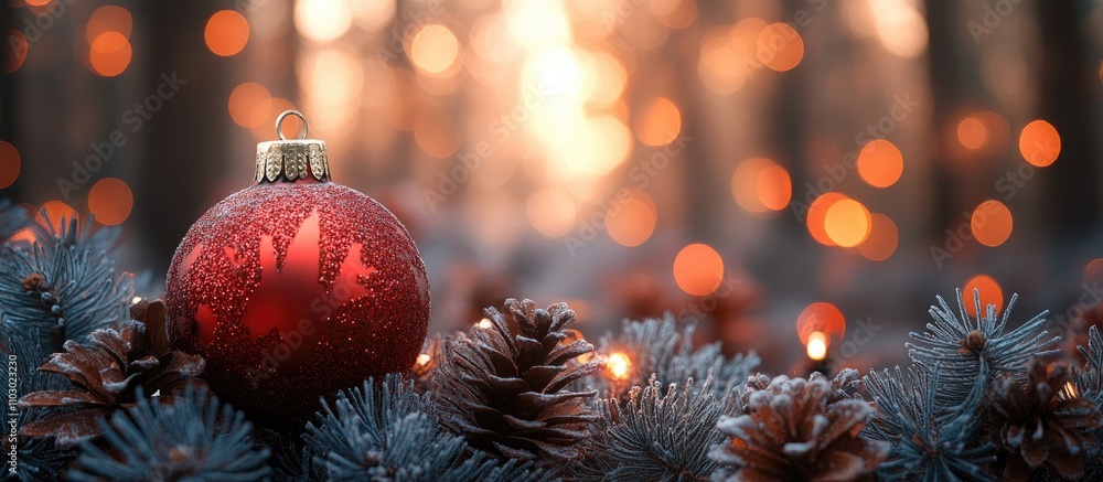 Poster cozy christmas decorations with red ornaments and pinecones surrounded by a warm bokeh light backdro