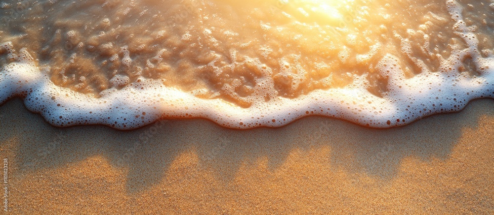Poster Waves gently lapping on fine golden sand illuminated by the warm summer sun creating a tranquil beachfront scene from an aerial view.