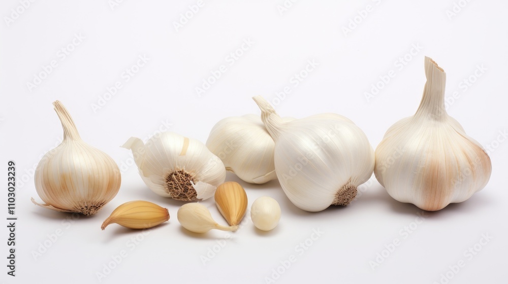 Poster garlic cloves and bulbs arranged on a clean white background showcasing their unique shapes and text