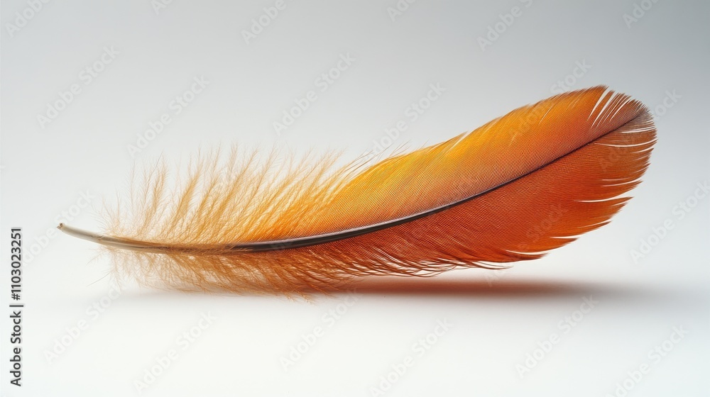 Poster Vibrant orange feather gently resting on a soft white background showcasing delicate texture and natural beauty in a minimalist style