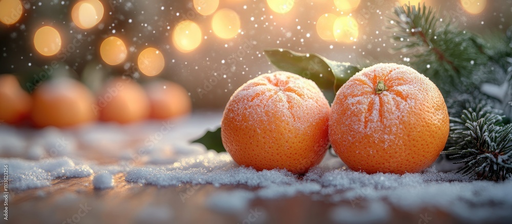 Poster festive christmas scene with tangerines snowflakes lights and bokeh on wooden surface creating a war
