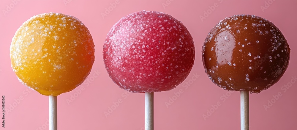 Poster colorful caramel lollipops in minimalist style on pink backdrop with space for text showcasing sweet