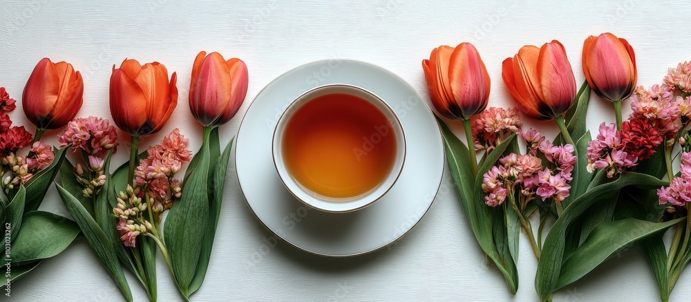 Aufkleber elegant tea cup with green tea surrounded by colorful tulips on a white backdrop enhancing a serene 