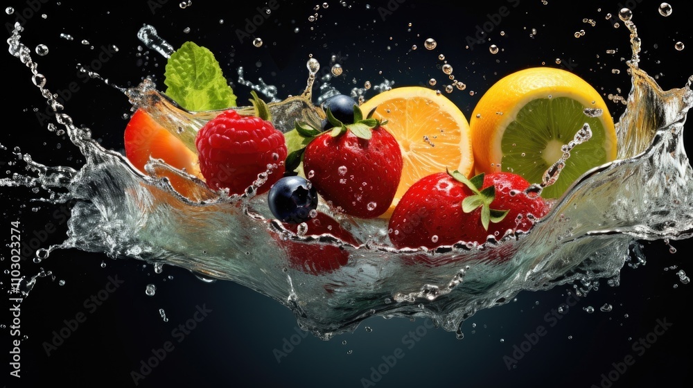 Aufkleber Vibrant assortment of fresh fruits splashing in water creating a dynamic and refreshing visual effect