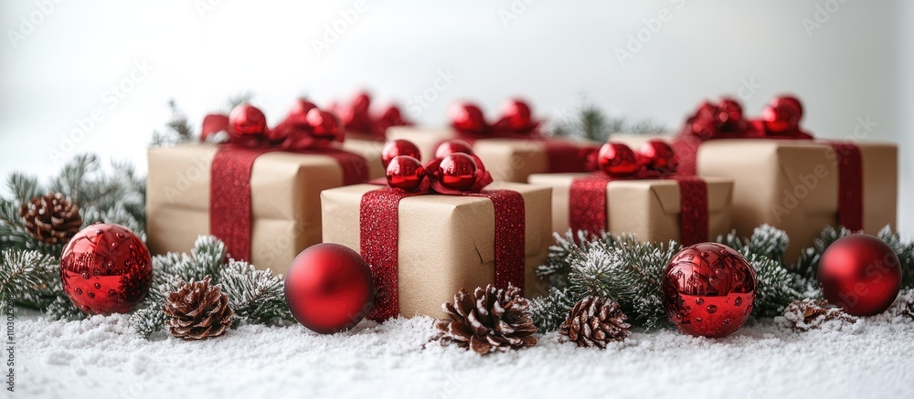 Poster Festive red presents adorned with bows and ornaments arranged on a snowy surface with pine cones and evergreen branches