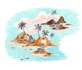 Beautiful tropical landscape with hand drawn paradise islands with mountains and palm trees on beaches with ocean and clouds in sky. Ready tropical print design.