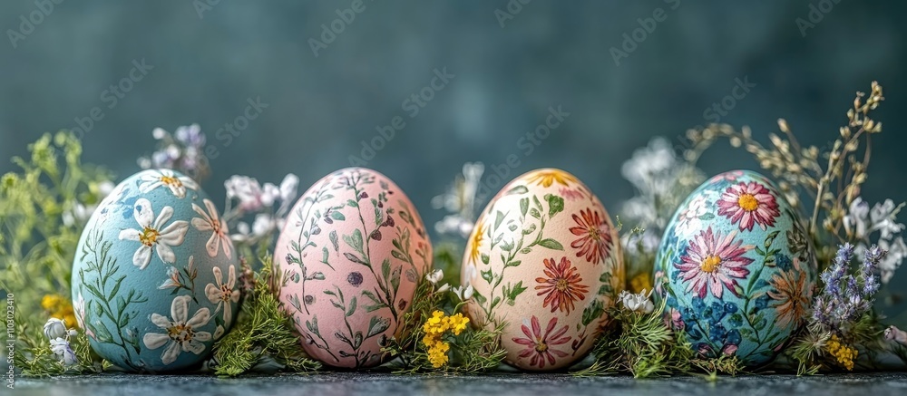 Poster vibrant easter eggs decorated with floral patterns and natural imprints surrounded by greenery and w