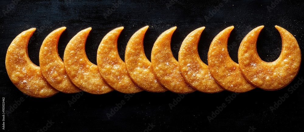 Poster Cinnamon crescent cookies arranged in a row on a dark background showcasing their golden color and unique shape.