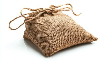 Natural Burlap Sack with Twine Tie on a White Background, Showcasing Texture and Organic Appeal of Rustic Fabric Material