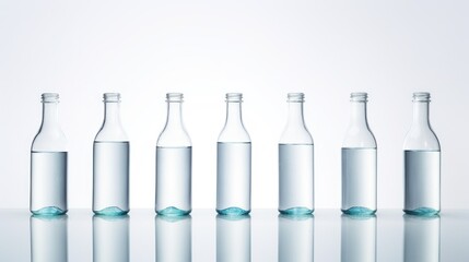 Row of glass bottles filled with clear water arranged on a reflective surface against a minimalist white background