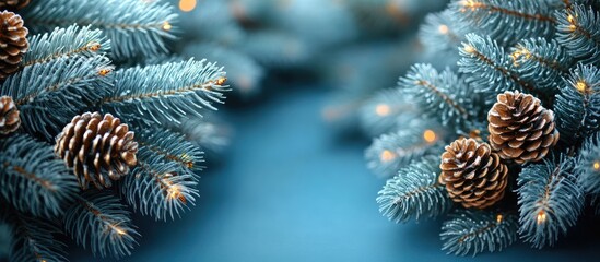 Christmas tree branches with pinecones and lights winter holiday postcard background flat lay view