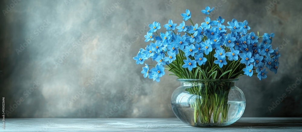 Poster Fresh blue snowdrops in a glass vase on a table with a light gray wall background creating space for inspirational quotes and sentiments