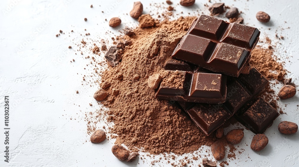 Poster Cocoa powder and chocolate bar stack with cocoa beans on white background showcasing rich textures and contrasts in dessert ingredients