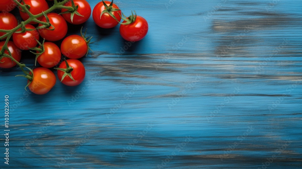 Aufkleber fresh cherry tomatoes on vine displayed over a weathered blue wooden surface creating a vibrant rust