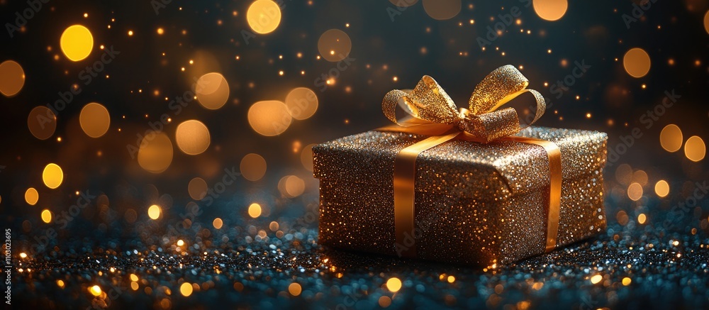 Poster elegant birthday gift wrapped in gold glitter with soft bokeh lights creating a festive atmosphere f
