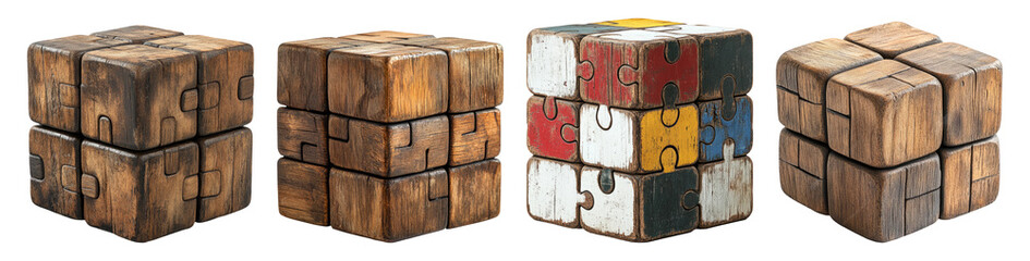 Wood Puzzle Blocks on Transparent Background