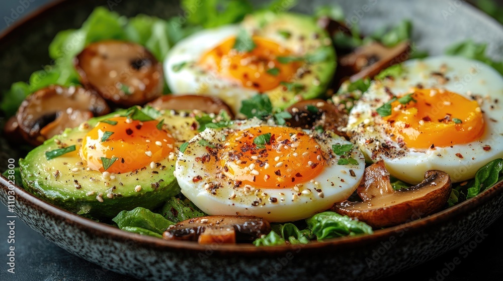 Aufkleber avocado salad with mushrooms and eggs garnished with herbs and spices in a rustic bowl on a dark bac