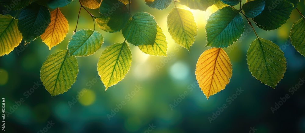 Aufkleber vibrant green and yellow leaves with soft mountain peak in the background creating a serene and natu
