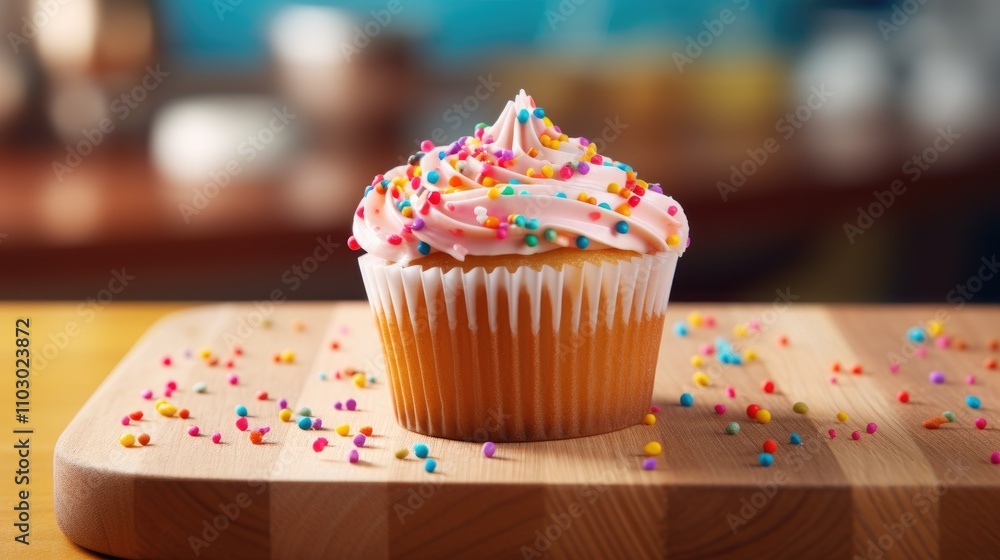 Poster vibrant frosted cupcake on a cutting board adorned with colorful sprinkles and a cheerful napkin cre