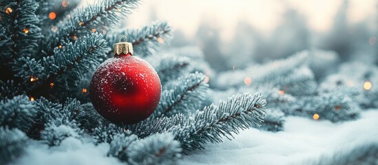 Festive Christmas tree close-up with a red ornament and snowy branches creating a serene winter atmosphere