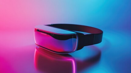 Sleek VR headset reflecting vibrant pink and blue neon light on a glossy surface.
