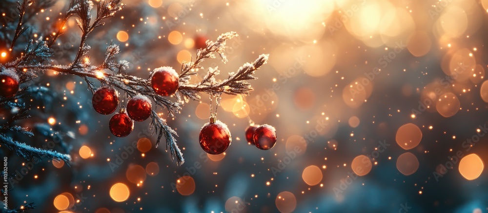 Poster Bokeh holiday background featuring a snowy tree branch decorated with shimmering ornaments and warm light flares.