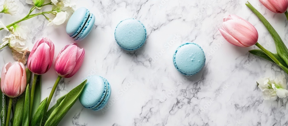 Aufkleber Colorful tulip bouquet and blue macarons on marble table top view creating a vibrant spring greeting background with ample copy space