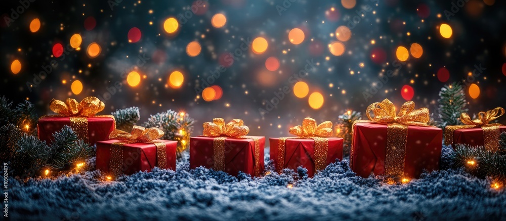 Poster christmas gifts beautifully arranged beneath a decorated tree with soft blue tones and sparkling bok