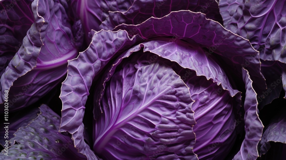 Poster texture details of vibrant purple cabbage showcasing intricate leaf patterns and rich color tones id
