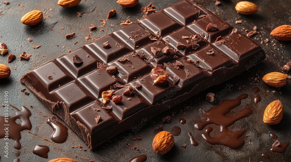 Aufkleber Delicious dark chocolate bar with nuts surrounded by scattered almonds on a textured surface creating an appetizing dessert scene