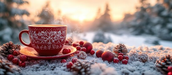 Cozy winter scene with a red snowflake coffee cup surrounded by festive decorations in a snowy landscape at sunrise