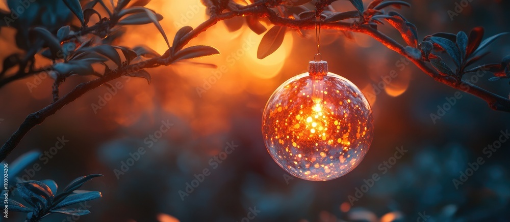 Poster Festive glass ball ornament hanging from tree branches illuminated by warm bokeh lights creating a magical holiday atmosphere.