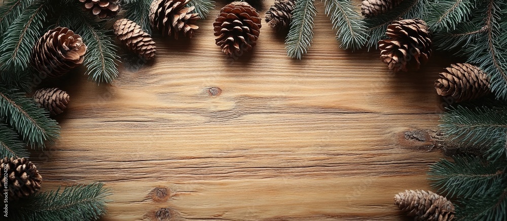 Poster christmas background with pine cones and fir branches arranged on a rustic wooden surface for festiv