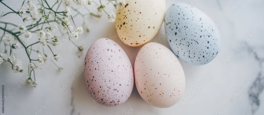 Poster pastel colored easter eggs with speckled patterns arranged on a white marble surface surrounded by d