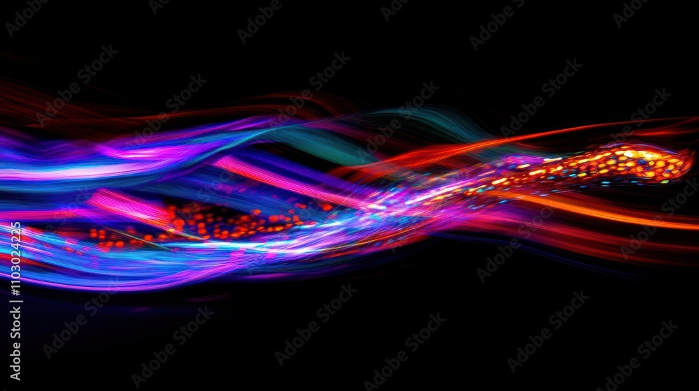 Poster abstract vibrant light streaks and particles flowing dynamically on black background.