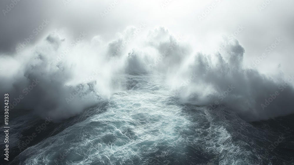Poster mysterious fog envelops turbulent ocean waves creating a dramatic and atmospheric seascape landscape