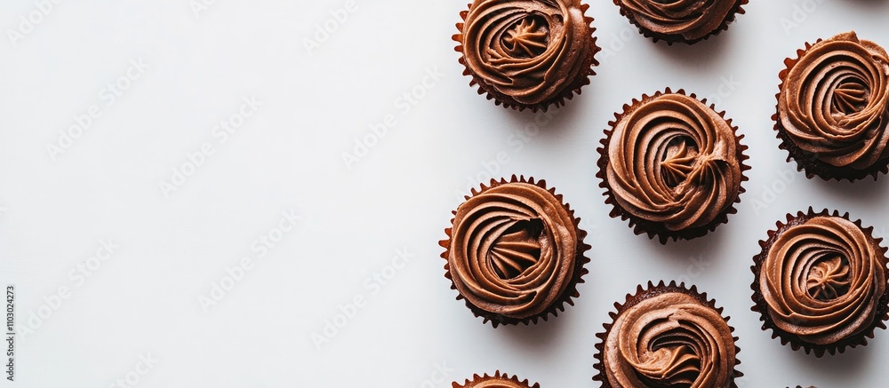 Poster chocolate frosted cupcakes arranged artistically on a clean white background showcasing their deligh