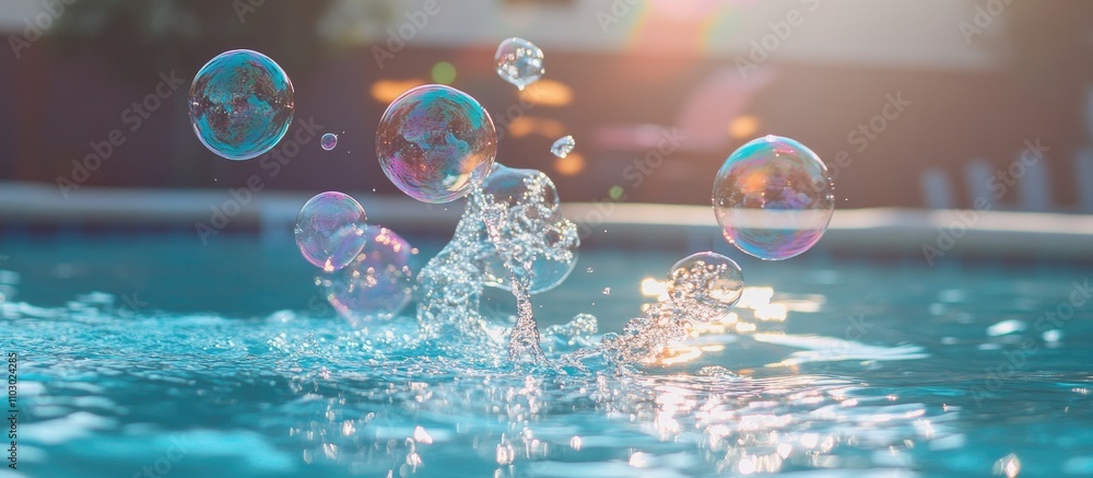 Poster bubbles floating on water surface in sparkling pool on a sunny day
