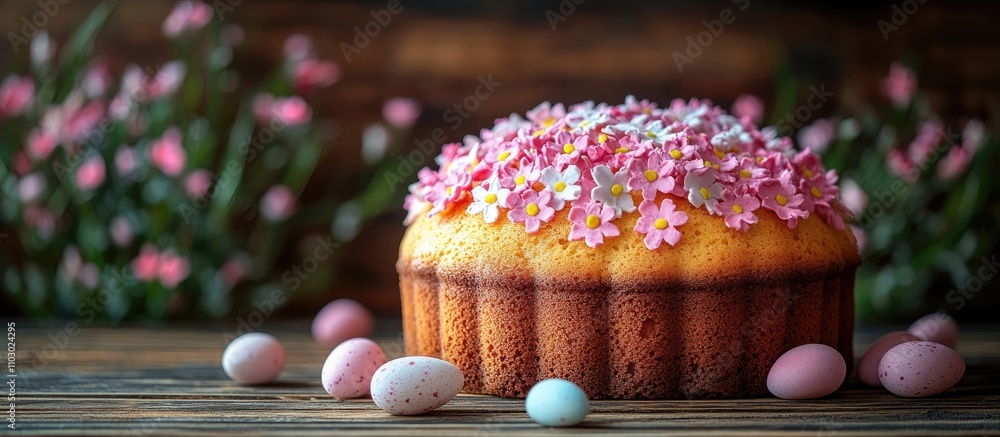 Poster easter cake still life with colorful eggs and delicate flowers on a rustic wooden surface creating a