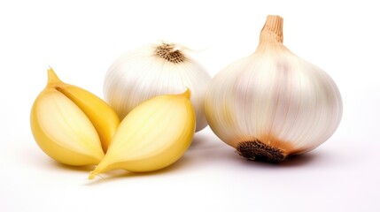 Garlic and yellow onion bulbs arranged on a clean white background highlighting fresh produce for culinary use